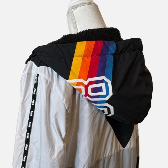 Victoria's Secret PINK Sherpa Lined Full Zip Anorak Hoodie Jacket Rainbow Logo - Picture 9 of 15